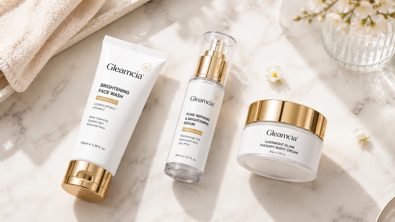 Gleamcia skincare products for a simple night skincare routine