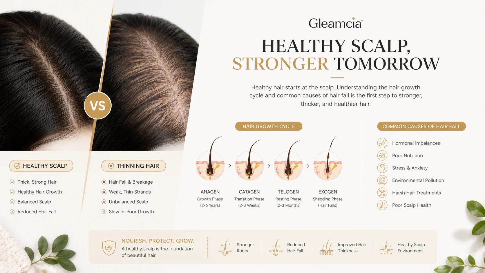 Hair fall causes and scalp health infographic showing hair follicle cycle
