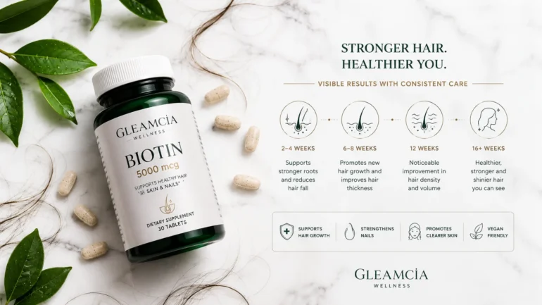 Gleamcia biotin 5000 mcg tablets for hair growth results timeline Pakistan
