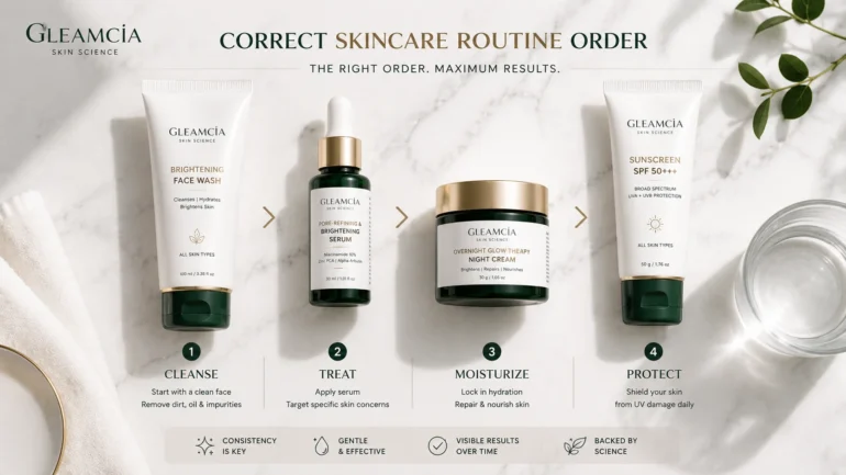 Correct skincare routine order showing face wash serum moisturizer and sunscreen in sequence

