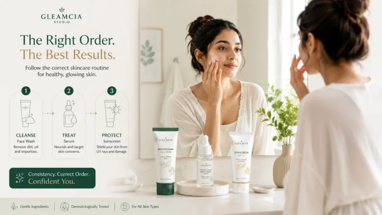 Woman following correct skincare routine order for face wash serum and sunscreen in Pakistan
