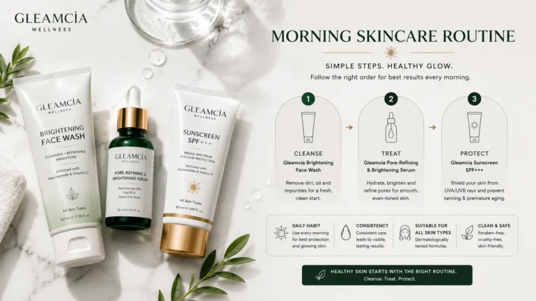Gleamcia morning skincare routine order face wash serum and sunscreen steps
