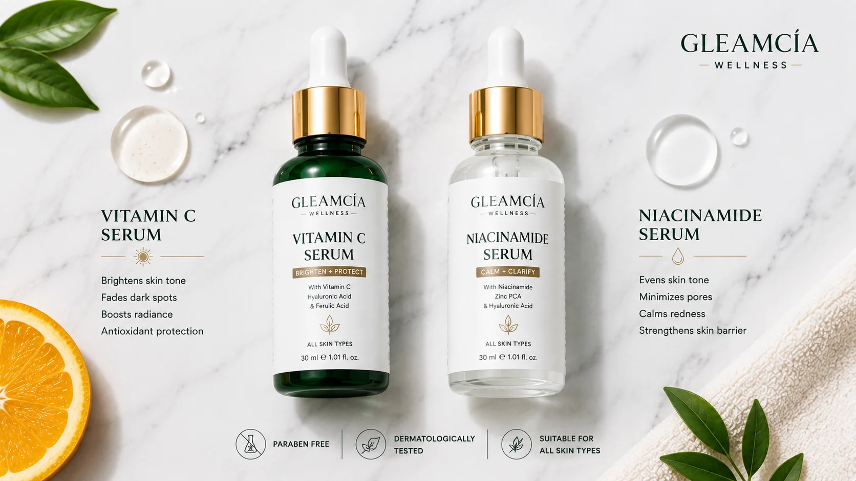 Vitamin C serum and Niacinamide serum placed together for skin brightening routine