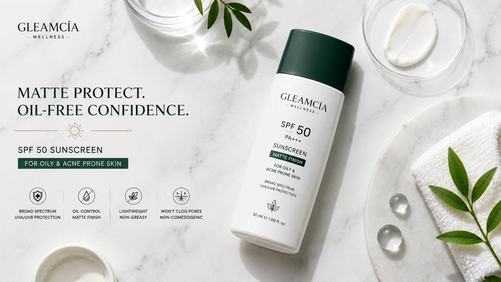 Best sunscreen for oily skin in Pakistan by Gleamcia, matte finish SPF 50