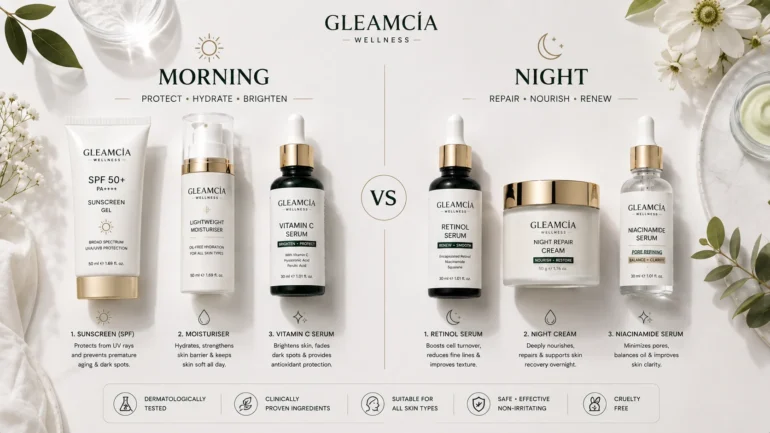 Morning vs night skincare routine — day and night products compared on a flat-lay