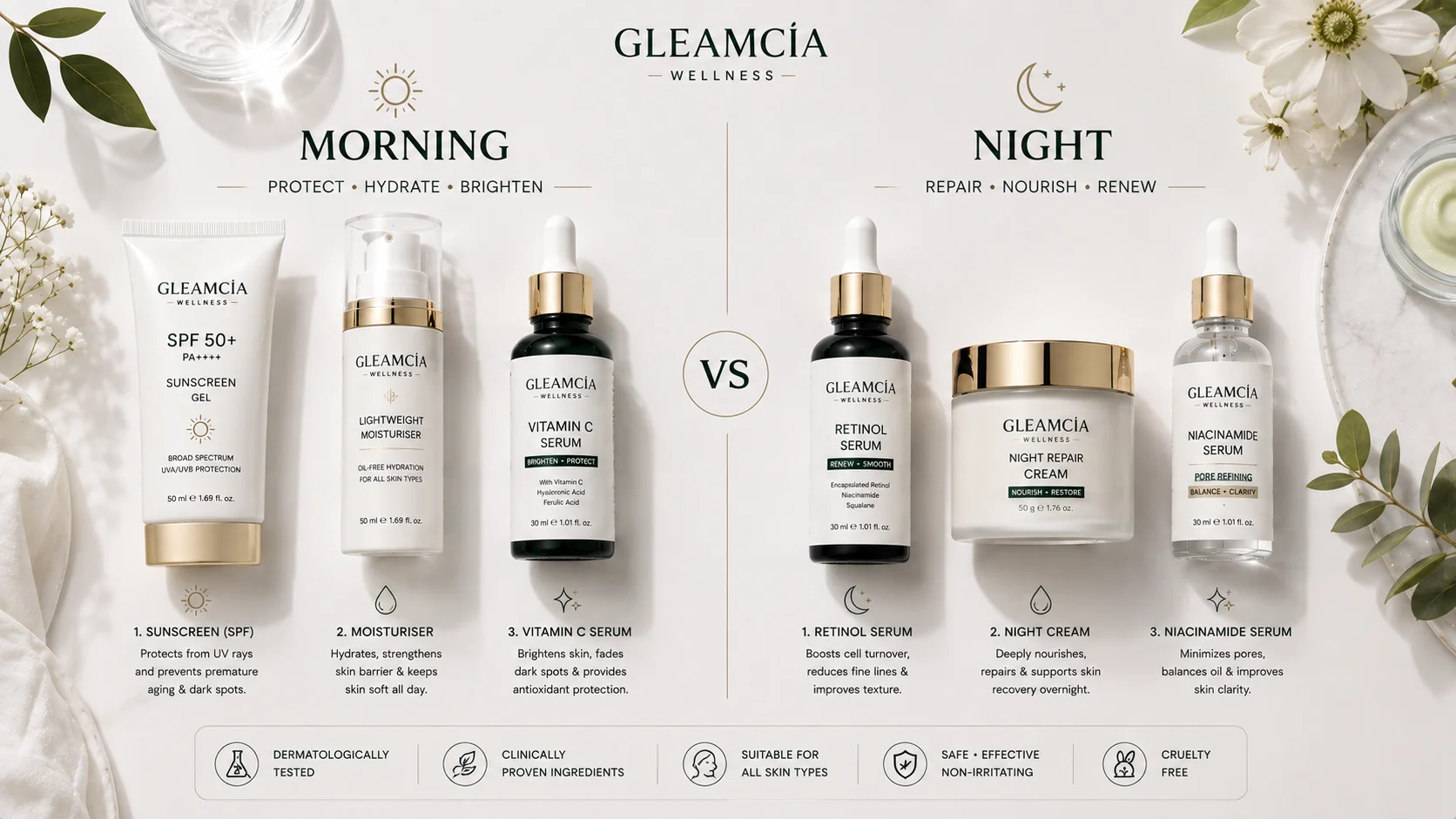 Morning vs night skincare routine — day and night products compared on a flat-lay