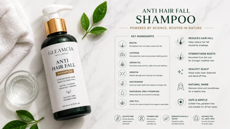  Gleamcia anti hair fall shampoo for hair fall reduction and scalp health
