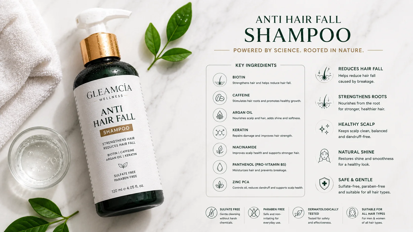 Gleamcia anti hair fall shampoo for hair fall reduction and scalp health