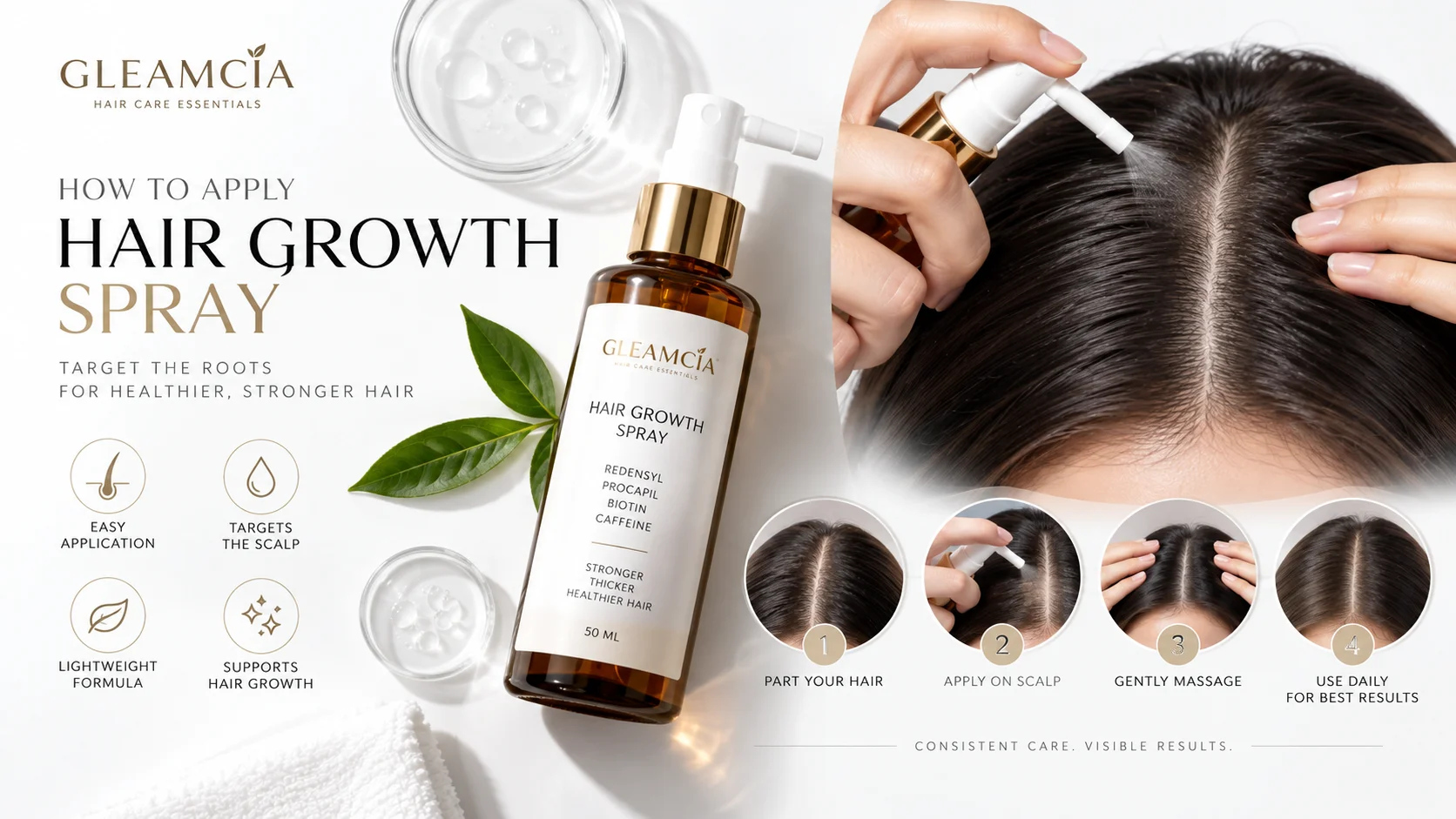 How to apply hair growth spray on the scalp for thinning hair — application technique and nozzle targeting