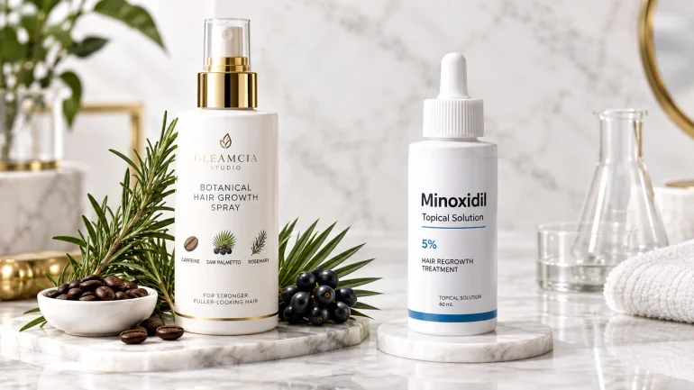 Hair growth spray vs minoxidil comparison — botanical hair growth spray and minoxidil bottles side by side