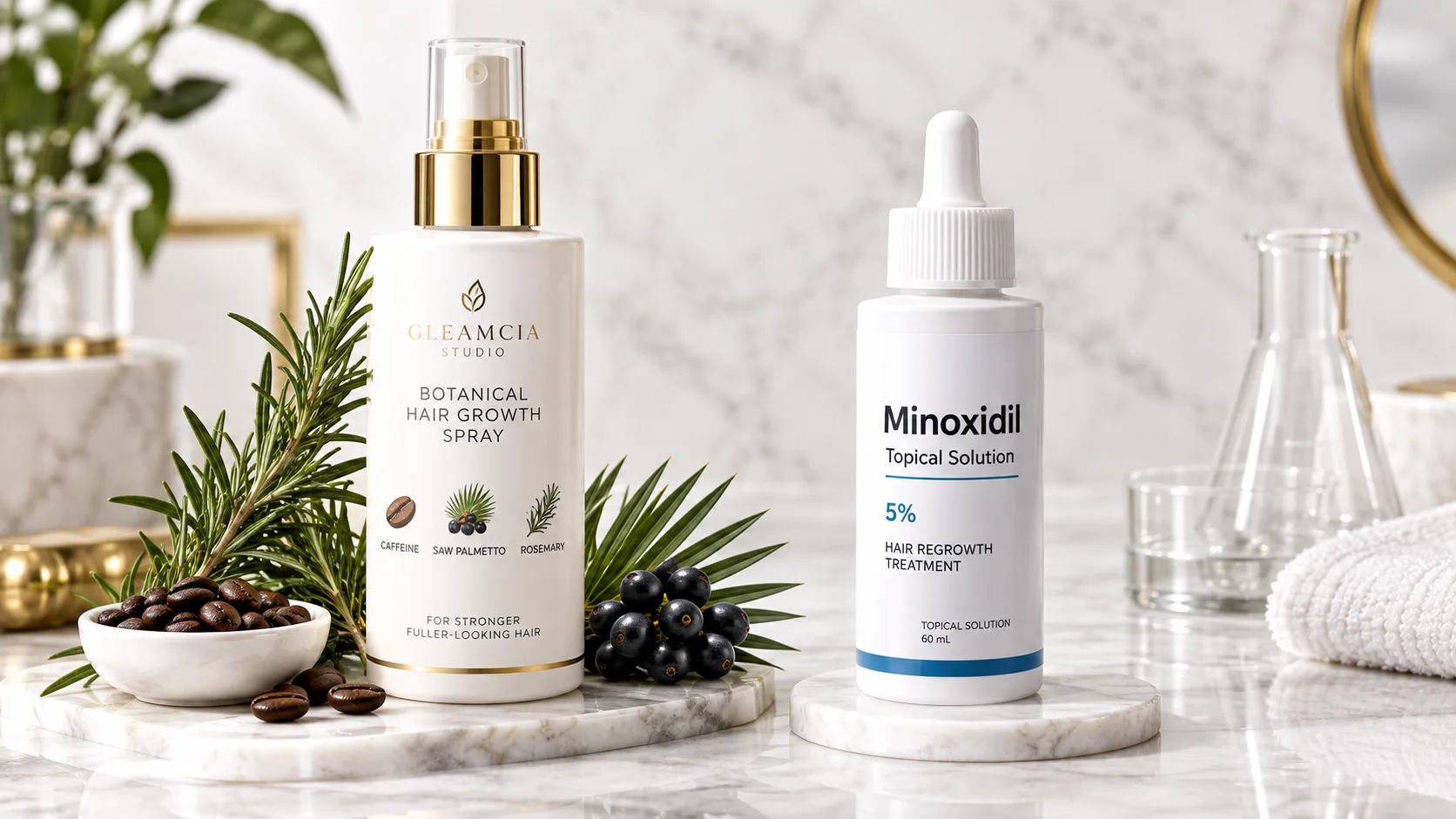Hair growth spray vs minoxidil comparison — botanical hair growth spray and minoxidil bottles side by side
