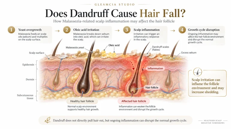 Does dandruff cause hair fall — Malassezia scalp inflammation mechanism and follicle disruption diagram
