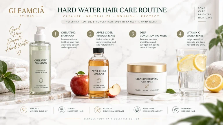 How to protect hair from hard water in Pakistan — chelating shampoo and vitamin C rinse routine for mineral damage
