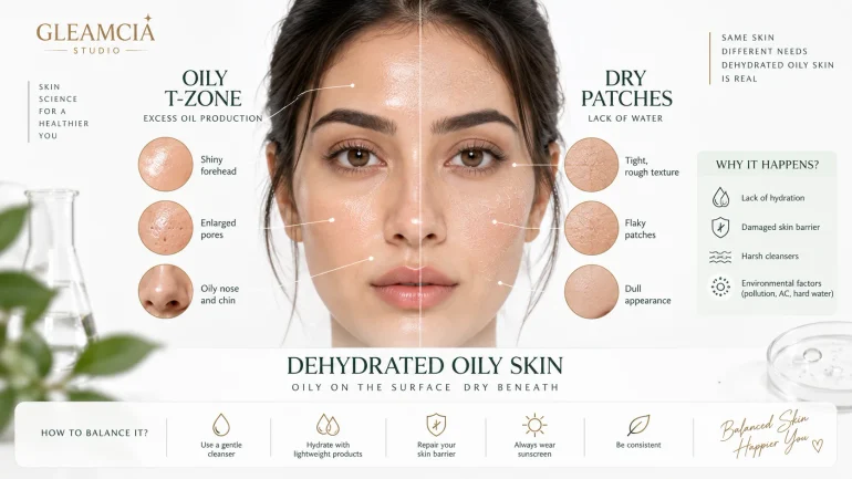 Can oily skin still be dry — dehydrated oily skin diagram showing oily T-zone alongside dry patches