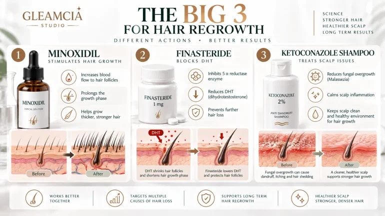 What are the big 3 for hair regrowth — minoxidil finasteride and ketoconazole explained in clinical infographic