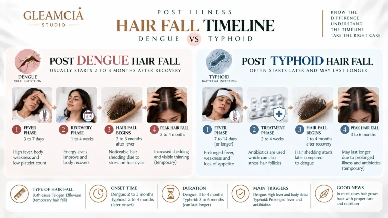 Post-dengue vs post-typhoid hair fall timeline comparison — when hair fall appears after each illness