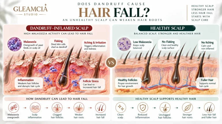 Does dandruff cause hair fall — healthy scalp vs dandruff-inflamed scalp and hair fall comparison