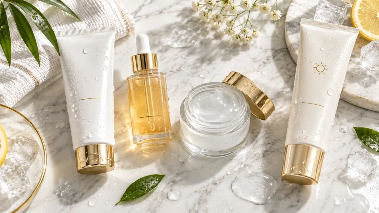 Lightweight summer moisturizer and skincare routine for Pakistan's humidity — summer skincare products flat-lay