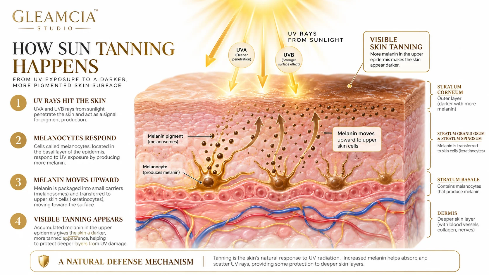 How sun tanning happens — UV radiation triggers melanin production causing skin to darken