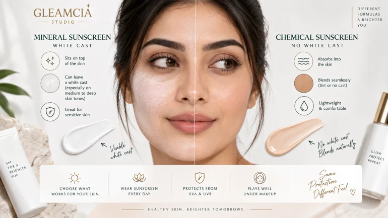Sunscreen white cast under makeup — mineral SPF white cast vs chemical SPF no white cast on South Asian skin Pakistan