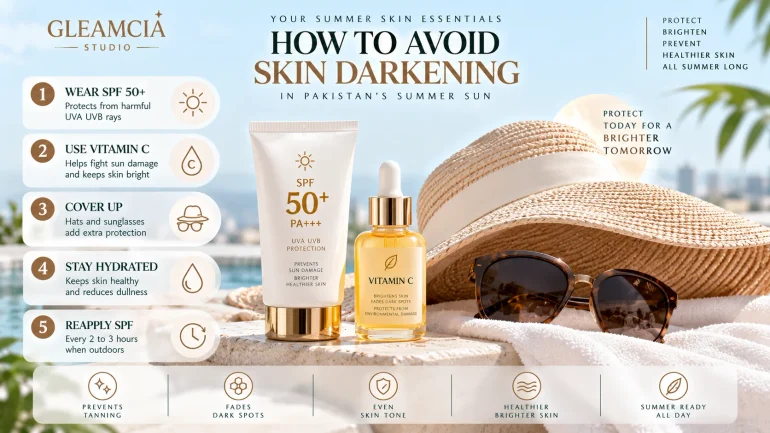How to avoid skin darkening in summer Pakistan — SPF hat and Vitamin C serum protection guide