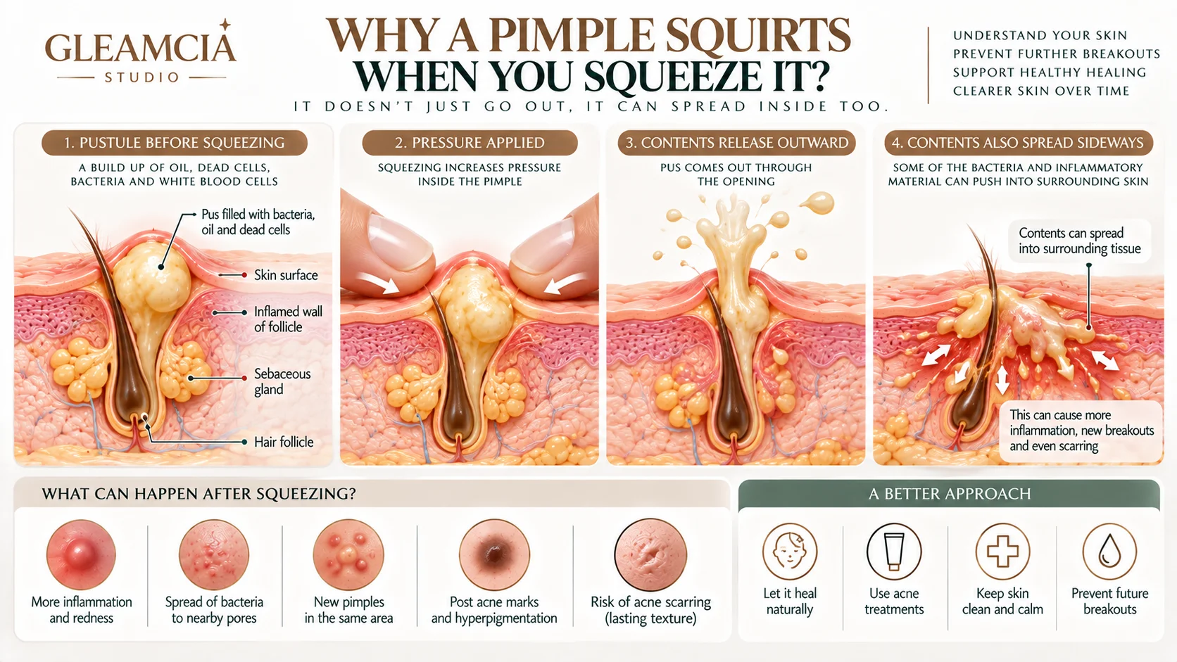 Why pimple squirts when popped — clinical diagram of pustule contents and sideways inflammation from squeezing